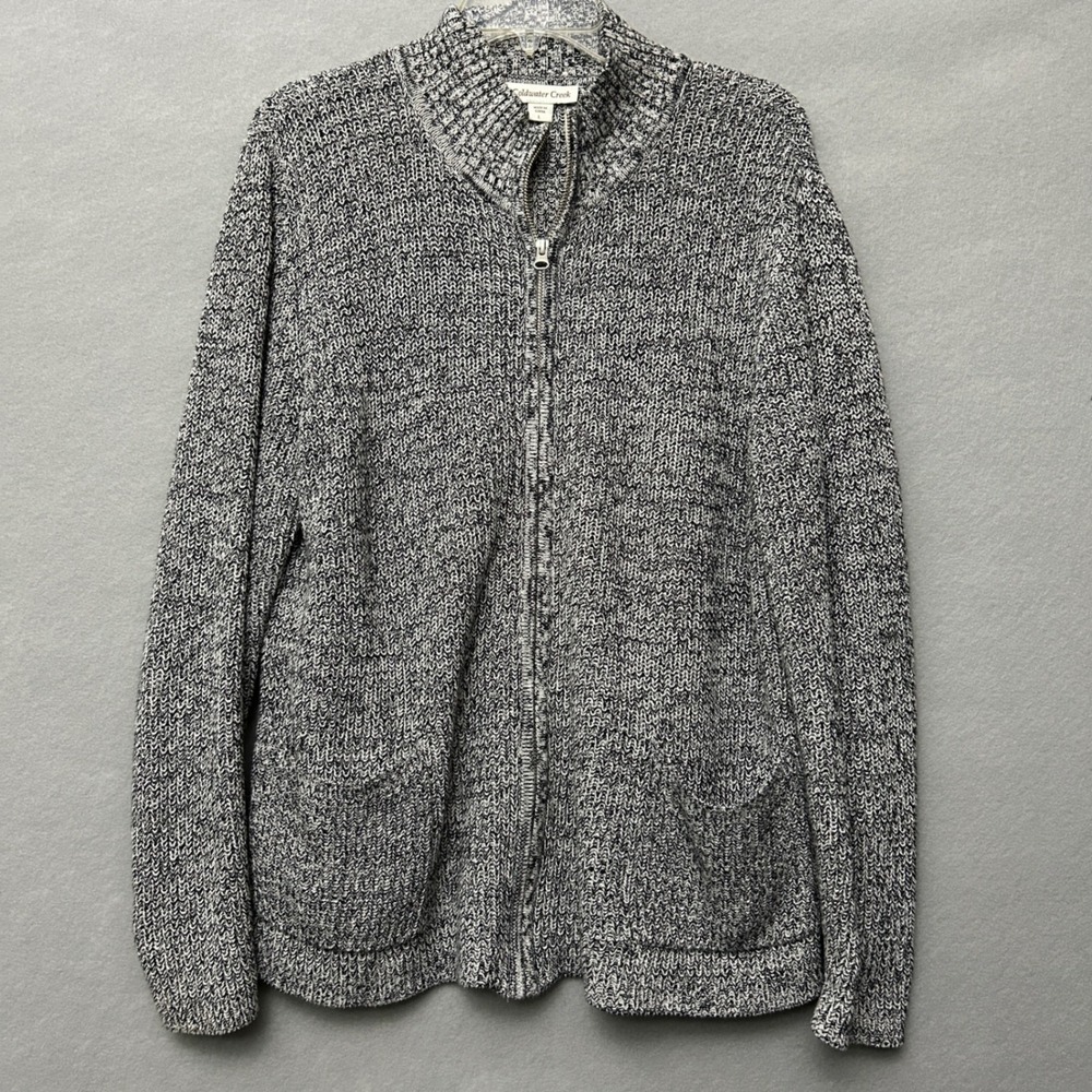 Coldwater Creek Womens L Cardigan Sweater Black White Marl Zip Mock Neck Pockets